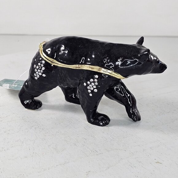 Black Bear Trinket Box Hinged Bejeweled Enameled Magnet Closure - Picture 4 of 9